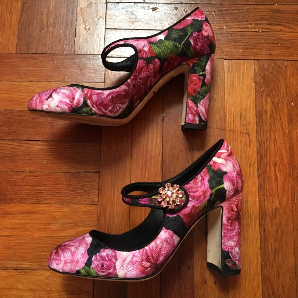 Dolce & Gabbana Floral & Crystal Mary Jane Heels